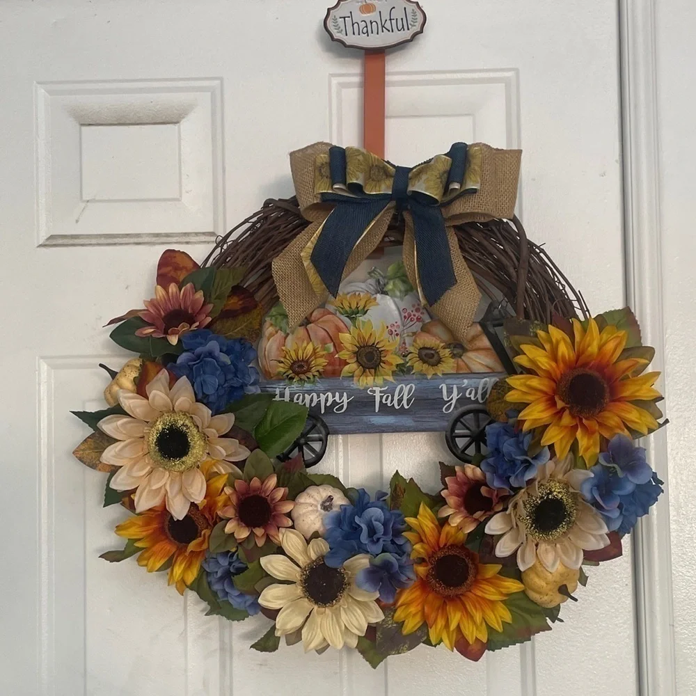 Handmade fall sunflower wreath sign says happy fall y’all 24”